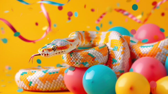 Vibrant Birthday Bash with Ball Pythons, a playful gathering of colorful snakes dressed in quirky outfits against a bright backdrop, perfect for party invitations.