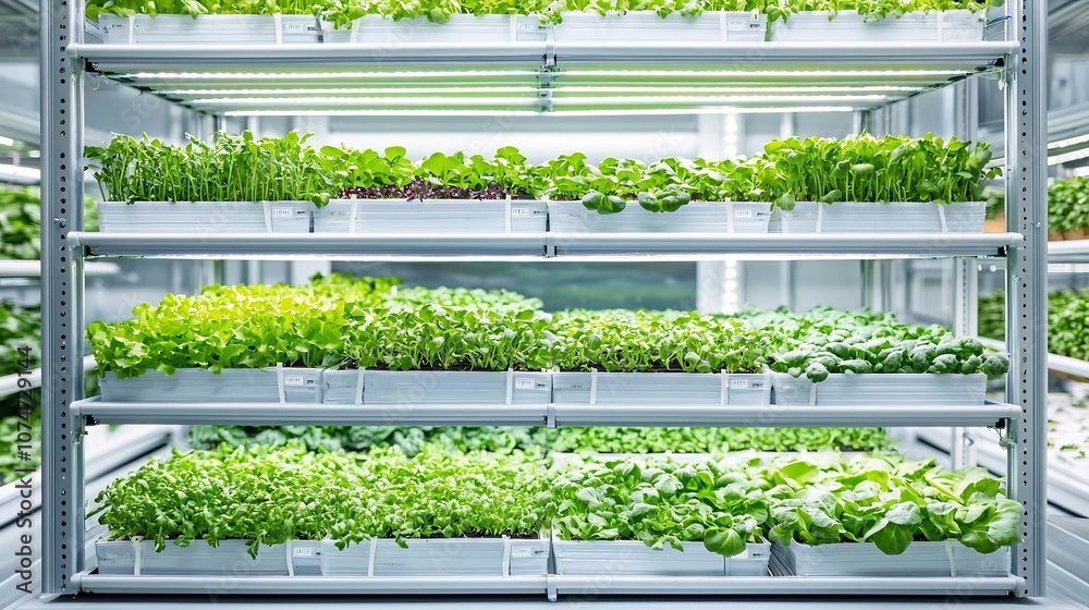 Poster vertical farming shelves with lush leafy greens and advanced led lighting system for maximum efficie