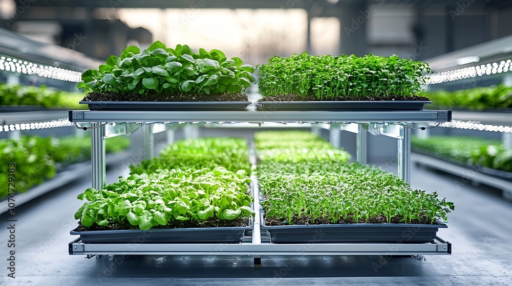 Poster Organized and clean vertical farming shelves with energy efficient LED lighting on each layer