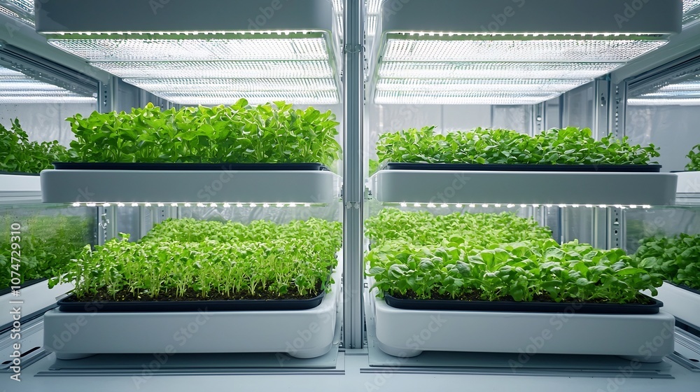 Aufkleber Compact and efficient vertical farming system with layered herb and lettuce cultivation surrounded by LED lighting for sustainable and environmentally friendly food production in an urban setting