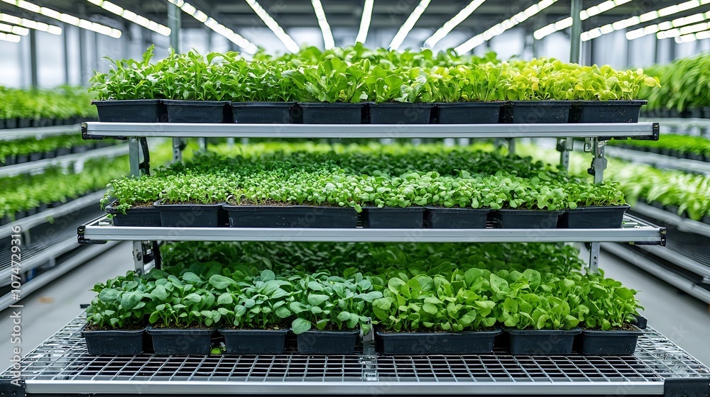 Poster futuristic vertical farm with vibrant leafy greens stacked in an organized indoor setup led lights e