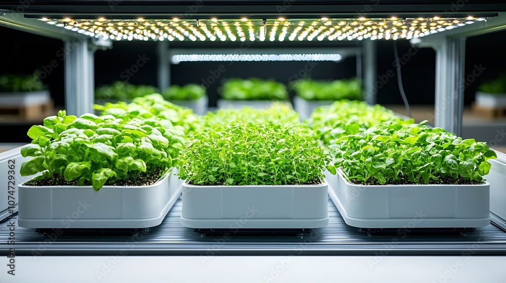 Poster Compact vertical farming system with layers of herbs and lettuce growing under energy efficient LED lighting designed for sustainable and eco friendly food production in urban or indoor environments