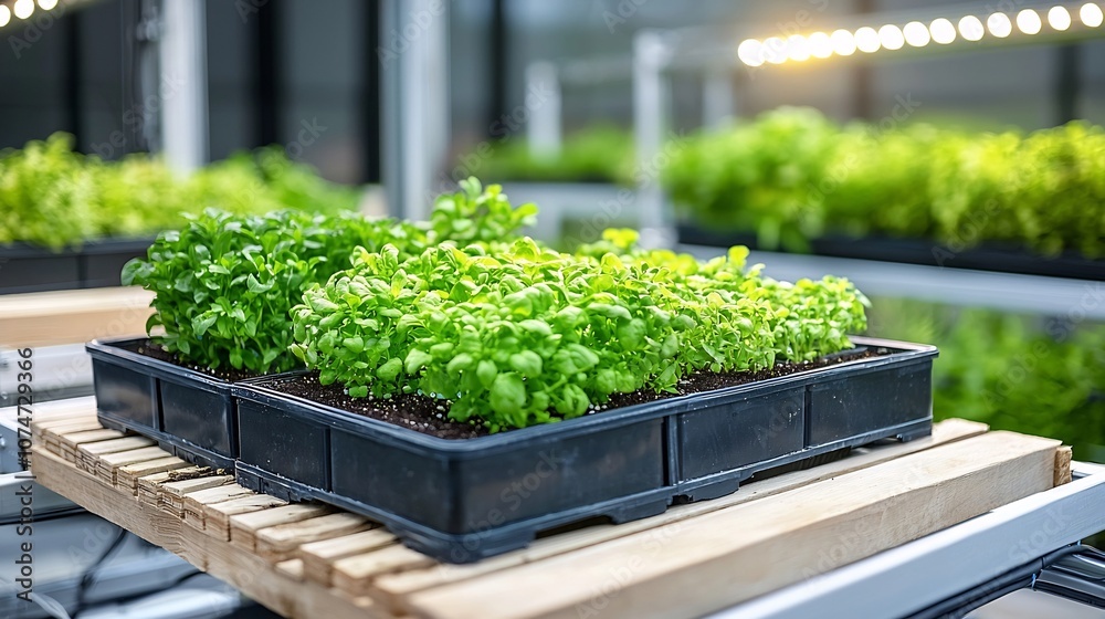 Poster Compact and efficient vertical farming system with herbs and lettuce growing in layers
