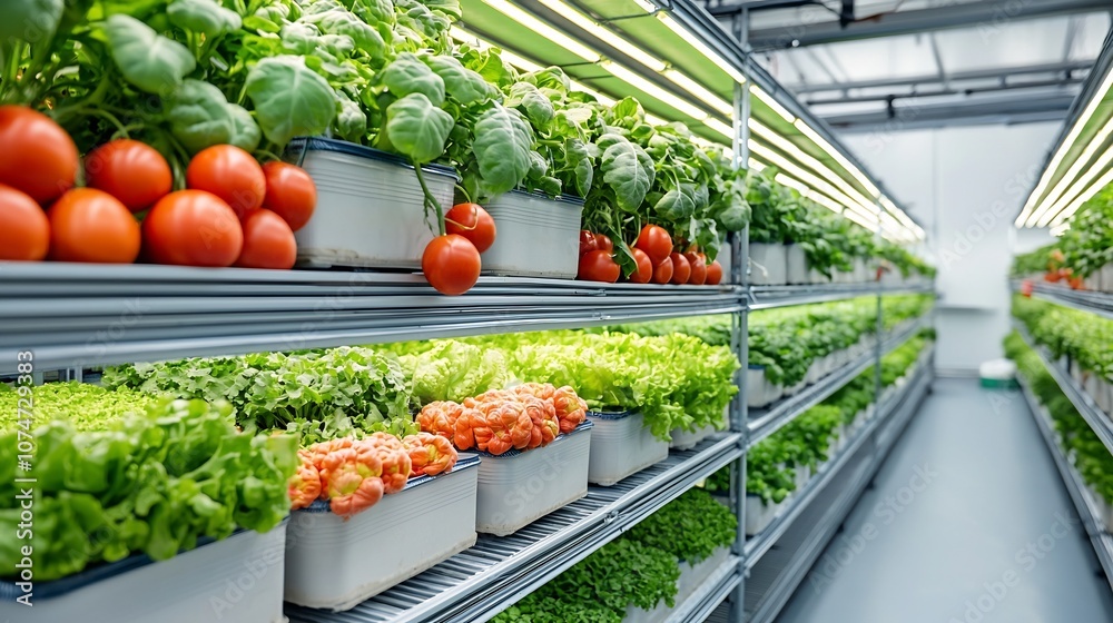 Aufkleber Innovative Vertical Farm Setup with Rows of Stacked Vegetables Illuminated by Energy Efficient LED Lighting Showcasing Sustainable Solutions for Indoor Agriculture