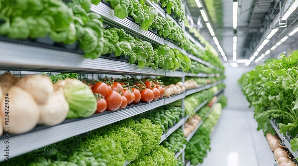 Poster innovative vertical farming setup featuring stacked rows of vegetables illuminated by energy efficie