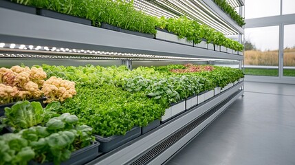 Innovative multi tiered indoor vertical farming system with fresh vegetables and herbs growing on shelves under LED lighting
