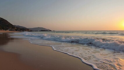 Fototapeta premium The sun sets over a peaceful beach, casting warm hues across the sky. Gentle waves roll onto the shore, creating a calming environment for relaxation