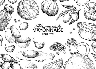 Mayonnaise sauce vector label drawing. Organic homemade mayo cream ingredients sketch.