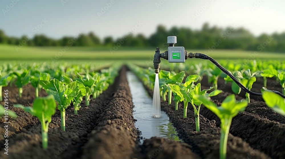 Poster Automated irrigation system in a modern farm using sensors to measure soil nutrients and deliver precise water levels illustrating the concept of smart and sustainable agriculture