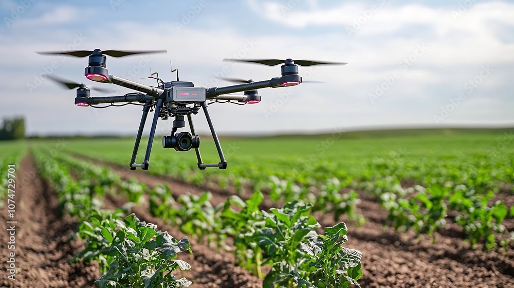 Poster Aerial view of a smart farm with drones flying above crop fields using advanced technology to monitor plant health soil moisture