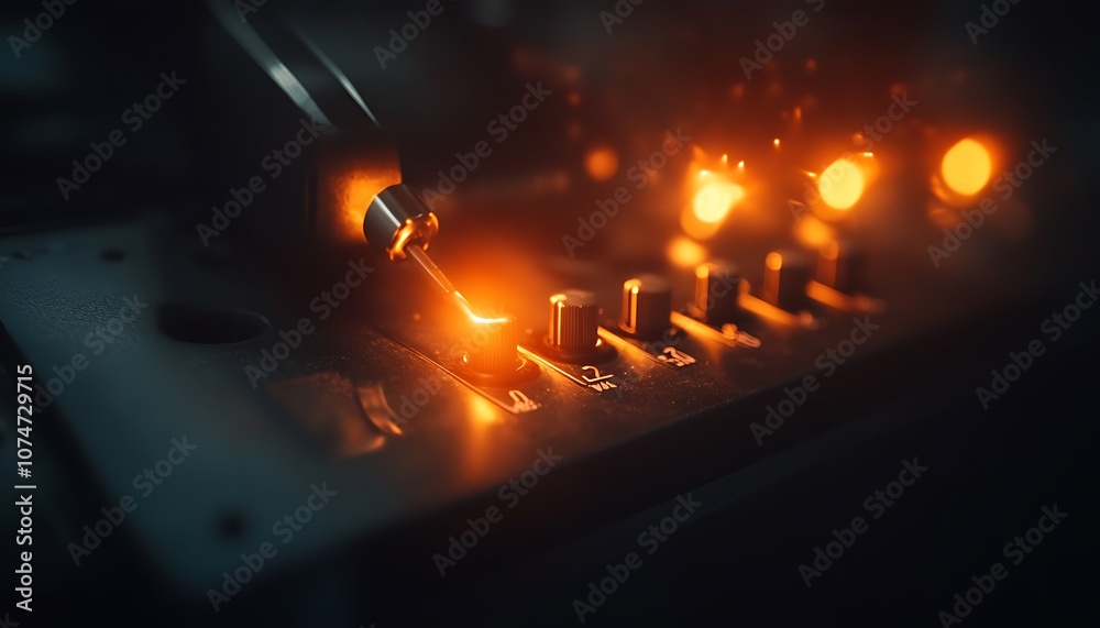 Leinwandbilder a close-up view of a circuit board with glowing lights and controls, illustrating intricate electron