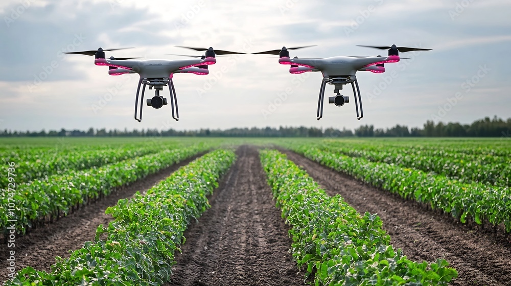 Poster advanced agricultural technology with smart farm drones flying above crop fields monitoring plant he