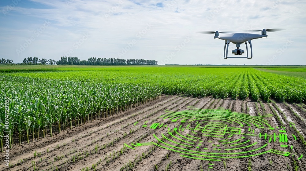 Aufkleber A smart farm landscape with a drone surveying the fields collecting data for efficient crop management and productivity optimization showcasing the of technology and modern agriculture practices