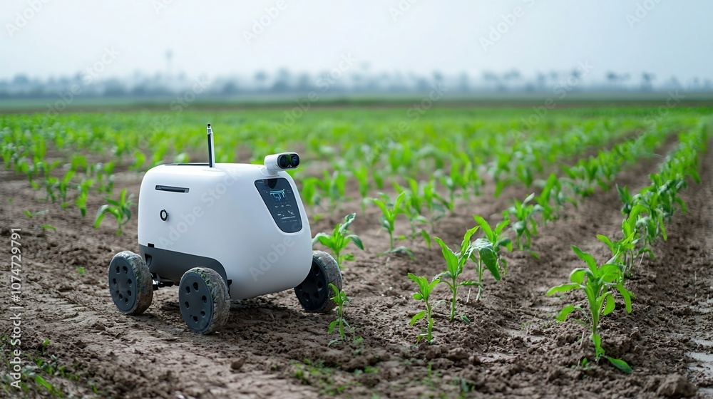 Aufkleber Agricultural robot working in a smart farm using advanced sensors to monitor plant health and optimize crop growth representing the future of efficient and sustainable precision farming techniques