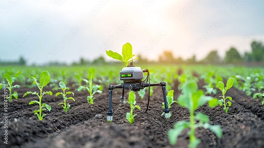 Poster advanced agricultural robot equipped with sensors monitoring plant health and environmental conditio