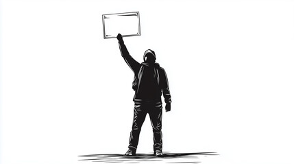 Fototapeta premium A person stands with one arm raised, holding a blank sign high, representing a call for attention or a message yet to be voiced. The figure is outlined against a stark white backdrop.