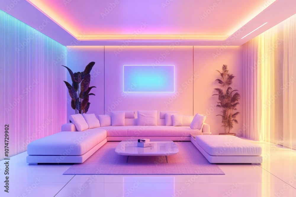 Poster this modern living room features customizable smart lighting with touch panels, creating a vibrant a