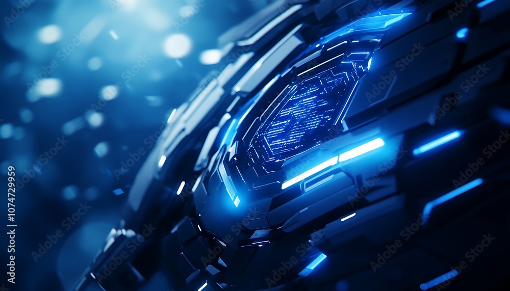 Poster a futuristic, close-up view of a robotic surface glowing with blue light, surrounded by a blurred, e