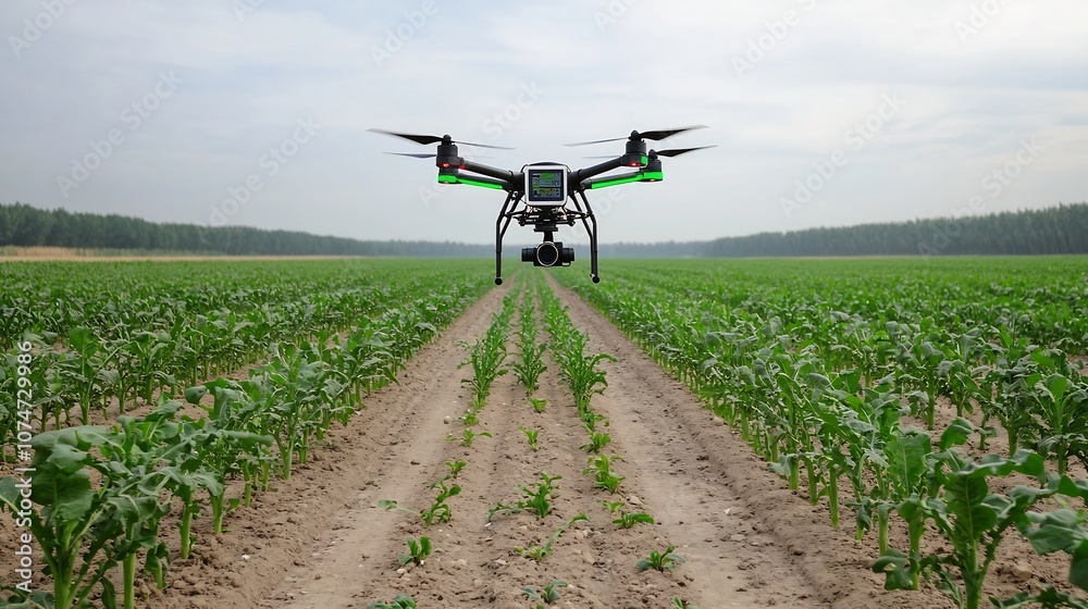 Aufkleber Drone Hovering Above a Smart Farm Capturing Real Time Crop Data for Precise Analysis and Efficient Crop Care  Innovative Aerial Monitoring Technology for Sustainable and Data Driven Agriculture