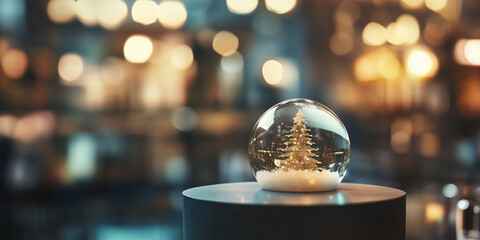 Obraz premium Magical Christmas holiday decor with festive glass snow globe and blurred lights in warm bokeh background