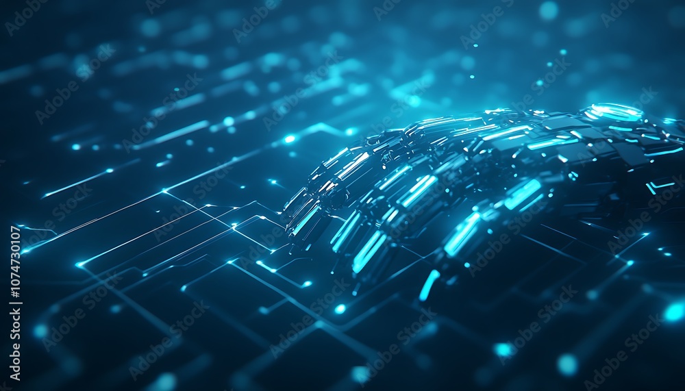 Fototapete A glowing, abstract digital landscape features interconnected lines and nodes in vibrant blue tones, representing advanced technology and data flow.