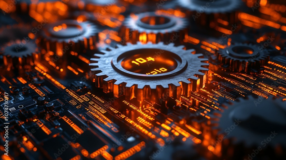 Wall mural rust programming language concept with moody rusty orange steel gears and byte code overlay, symboli