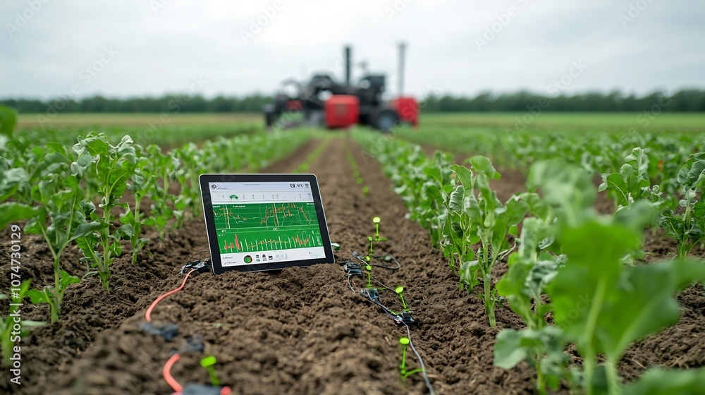 Aufkleber Smart Farm Environment with Real Time Soil Data Displayed on a Tablet Showcasing Sensors and Automation for Efficient Crop Management