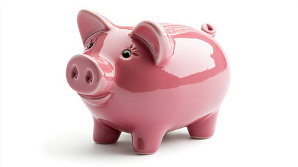 Obraz premium Pink piggy bank on white background - money, savings, frugality, economy horizontal banner 