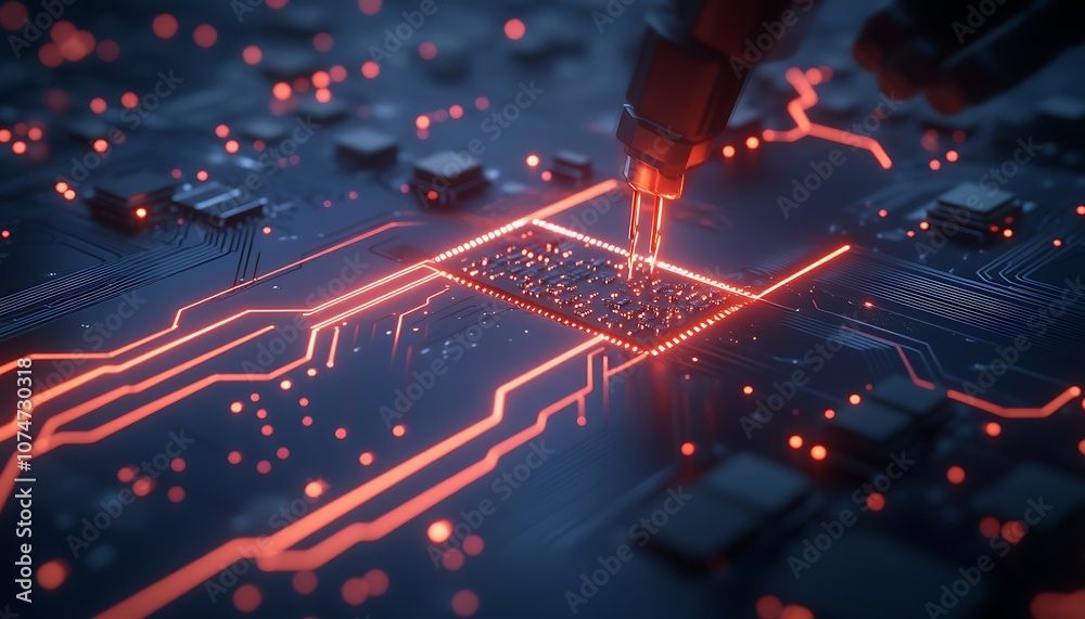 Leinwandbilder A detailed view of a circuit board with glowing red lines and components, suggesting advanced technology and intricate design.