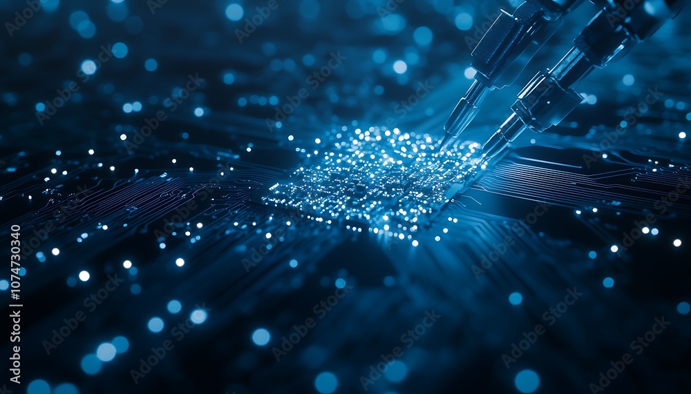 Poster an abstract representation of technology, showcasing blue digital circuitry with glowing particles, 