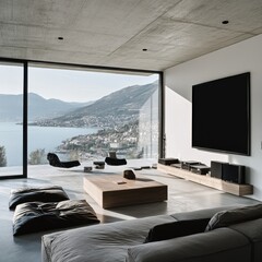 Fototapeta premium A living room with a large flat screen TV on the wall