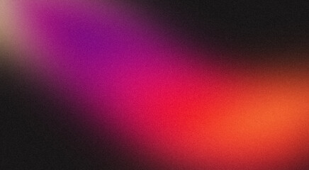 Abstract colorful grainy gradient on black backdrop design. Orange magenta red blue black color on dark noisy, vibrant color flow, glowing, shine, bright, noise texture, banner or poster.