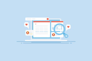 Business analytics dashboard, website marketing and web traffic data, e-business SEO solution concept, vector illustration.