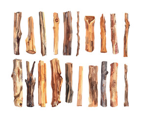 Palo santo sticks cartoon vector set. Wooden burning flavor aroma wand, scared ritual voodoo witchcraft esoteric cult timber stuff, boho branches weathered aromatherapy, isolated illustrations