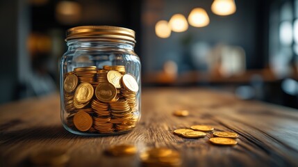 Glass Jar Full of Gold Coins. Glass jar filled with shiny gold coins on a wooden table, symbolizing saving, investment, financial security, and wealth accumulation.