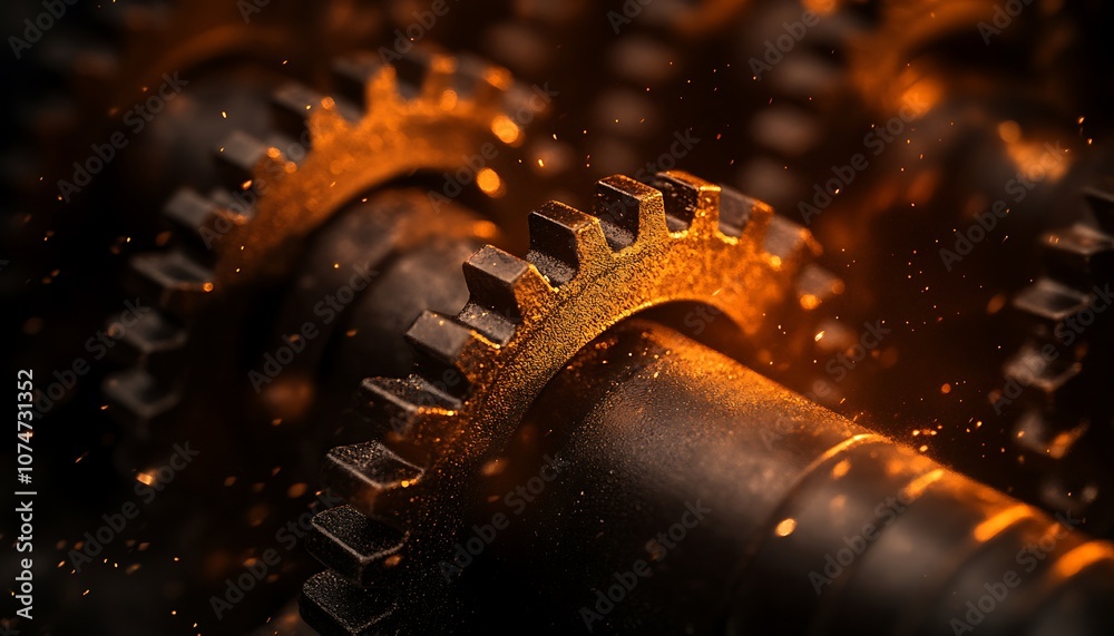 Poster a close-up view of interlocking gears with a glowing, metallic texture, surrounded by a fine dust, e