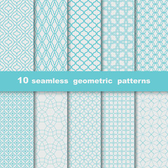 10 geometric seamless patterns. Collection of seamless ornamental geometric patterns. Elegant repeatable oriental backgrounds. Blue and white textures - symmetric prints.