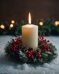 Elegant Christmas Candle with Red Ornaments and Snowy Pine Decorations in Winter Scene