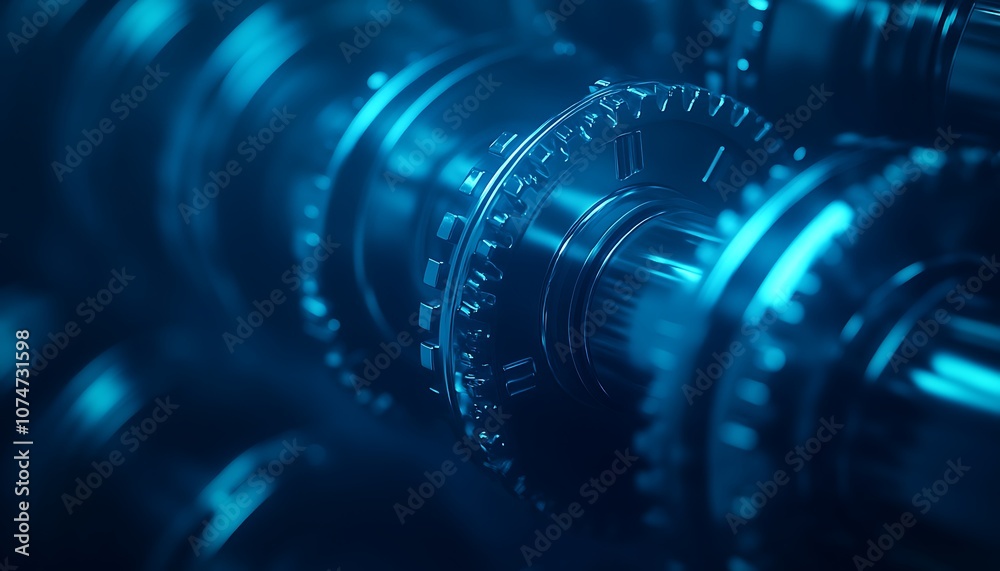 Leinwandbilder A close-up view of intricate metallic gears, illuminated in blue tones, highlighting the complexity and precision of engineering machinery.