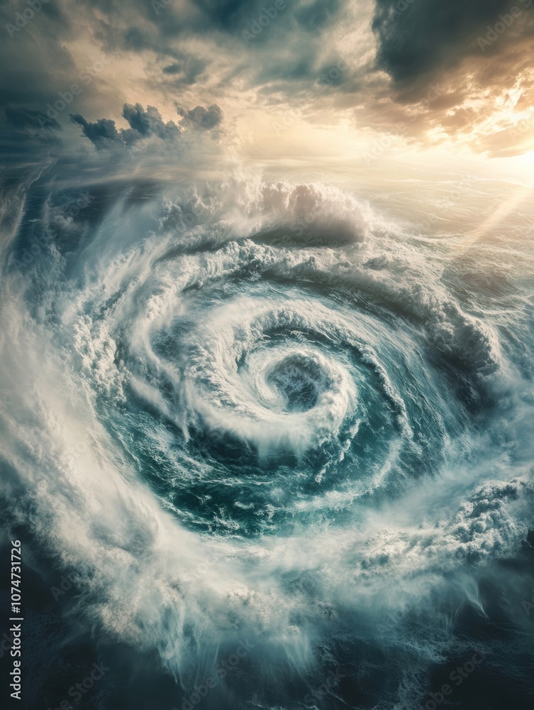 Poster a colossal hurricane churns in the ocean with turbulent clouds and swirling winds under a dramatic s