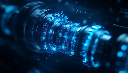 A futuristic, glowing mechanical design featuring intricate, luminous elements and dynamic particles against a dark backdrop.