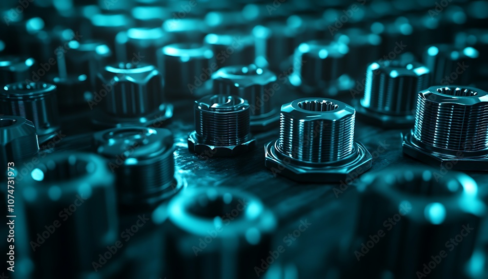 Poster A close-up view of metallic nuts and bolts, showcasing intricate details and a sleek, illuminated background in shades of blue.