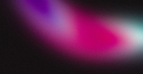Abstract colorful grainy gradient on black backdrop design. Magenta purple blue black color on dark noisy, vibrant color flow, glowing, shine, bright, noise texture, banner or poster.
