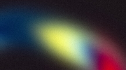 Abstract colorful grainy gradient on black backdrop design. Orange yellow blue red black color on dark noisy, vibrant color flow, glowing, shine, bright, noise texture, banner or poster.