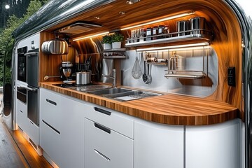 Modern Elegant Kitchen Design Featuring Sleek Lines, Contemporary Appliances, and Warm Wood Accents in a Chic Culinary Space