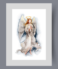 Praying woman angel with halo above head and large wings behind back on print. Watercolor poster. Artwork with angel from christian religion or creation stories, in frame with decor for wall art