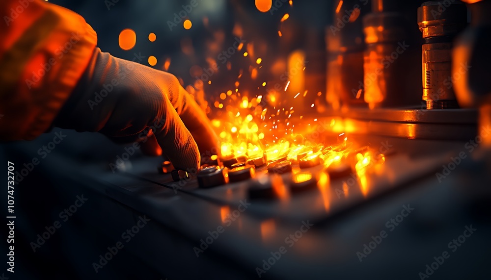 Poster a close-up of a hand pressing a control button, surrounded by sparks and glowing embers, indicative 
