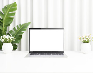 White Laptop Mockup with Plants and Flowers