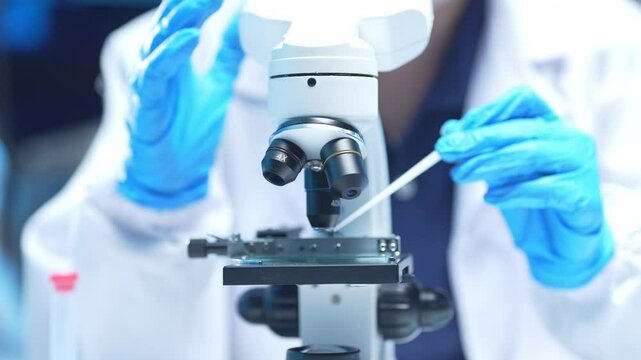 Scientist in a lab coat is preparing a microscope slide