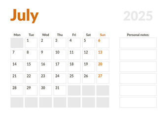 Monthly page Calendar Planner Template of July 2025. Vector layout of calendar with week start Monday for Scheduling. Page for size A4 or 21x29.7 cm